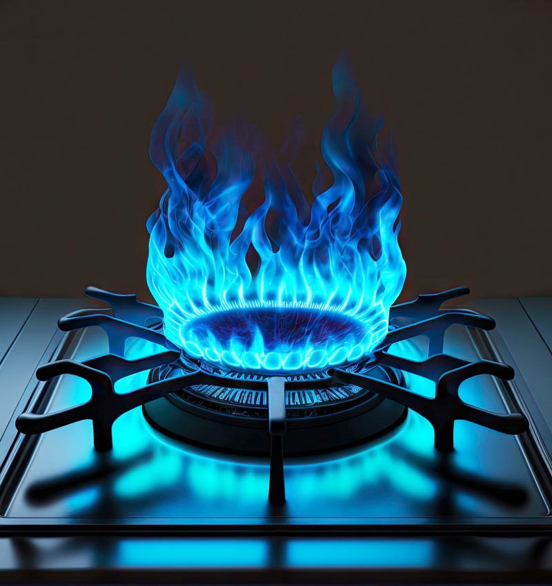 gas kitchen stove with large burner with bright blue flame